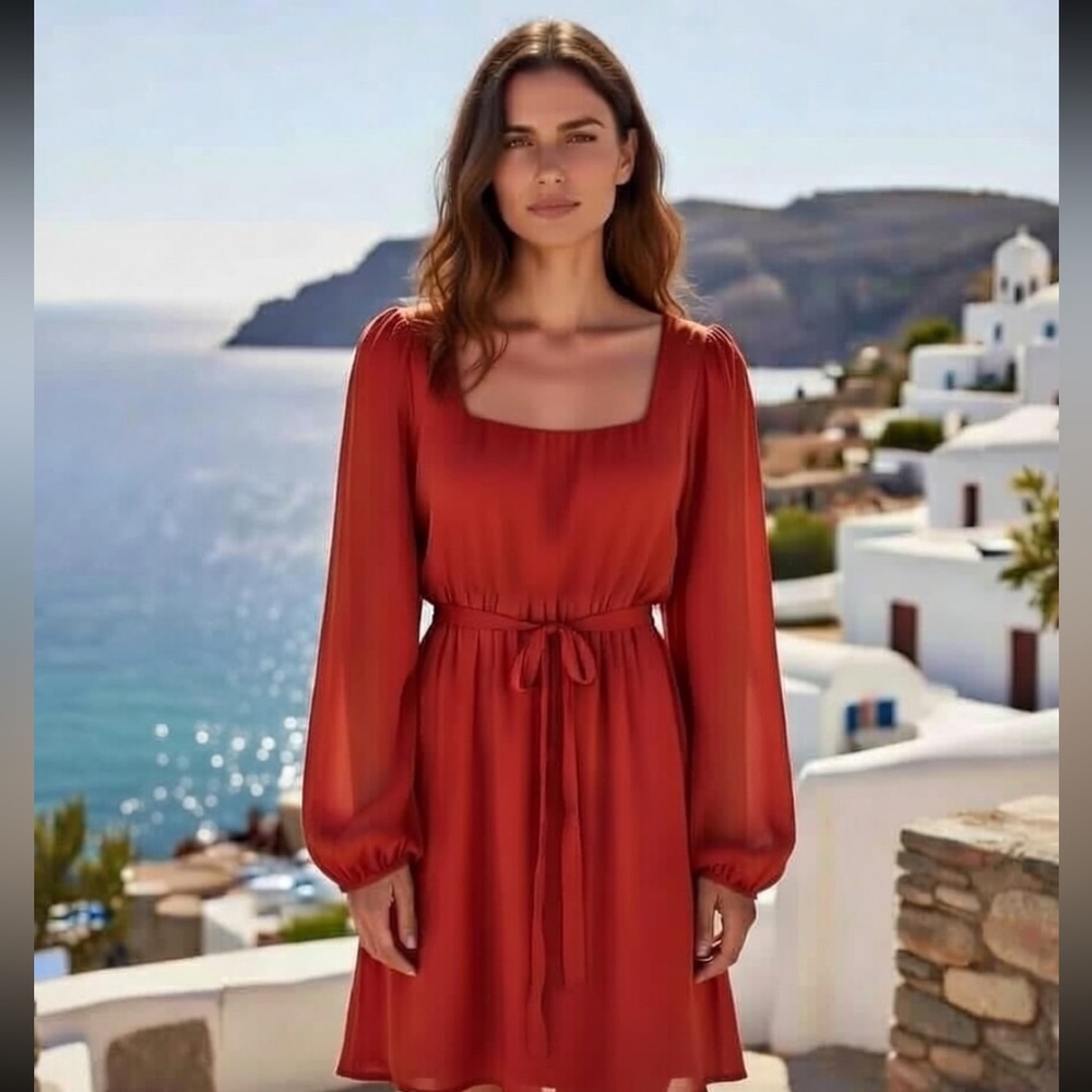 Rachel Pally Terracotta  Red Long-Sleeve Square Neck Dress